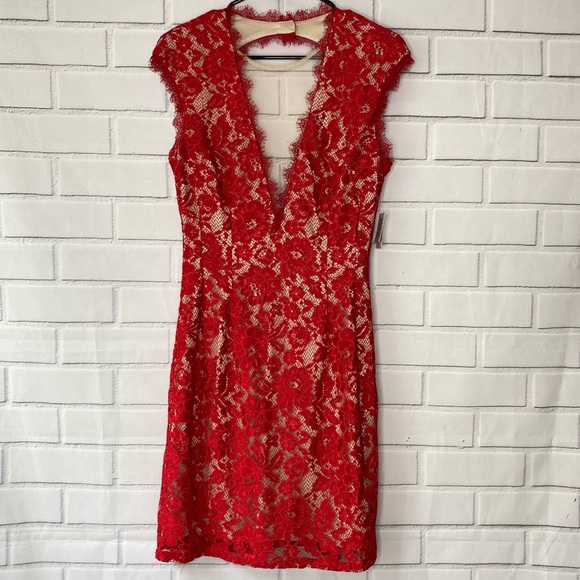 Aidan by Aidan Mattox red lace deep V cocktail dress - Picture 2 of 11